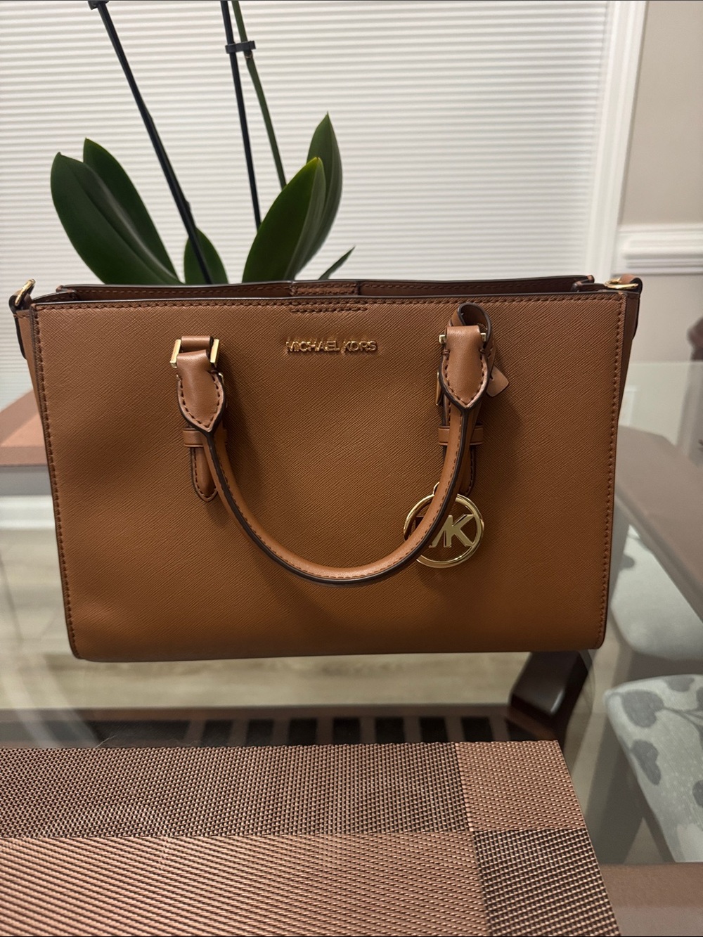 Michael Kors Tan Saffiano Leather Satchel with Gold Logo Charm